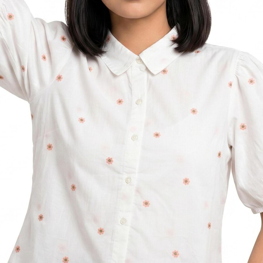 Women's White Cotton Half Sleeves Collar Regular Fit Shirt, सफ़ेद, large
