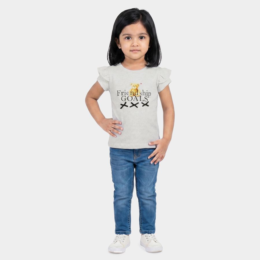 Girls Grey Round Neck Regular T-Shirt, Melange Light Grey, large
