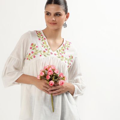 Women's Ivory White Cotton V-Neck Embroidered Kurti