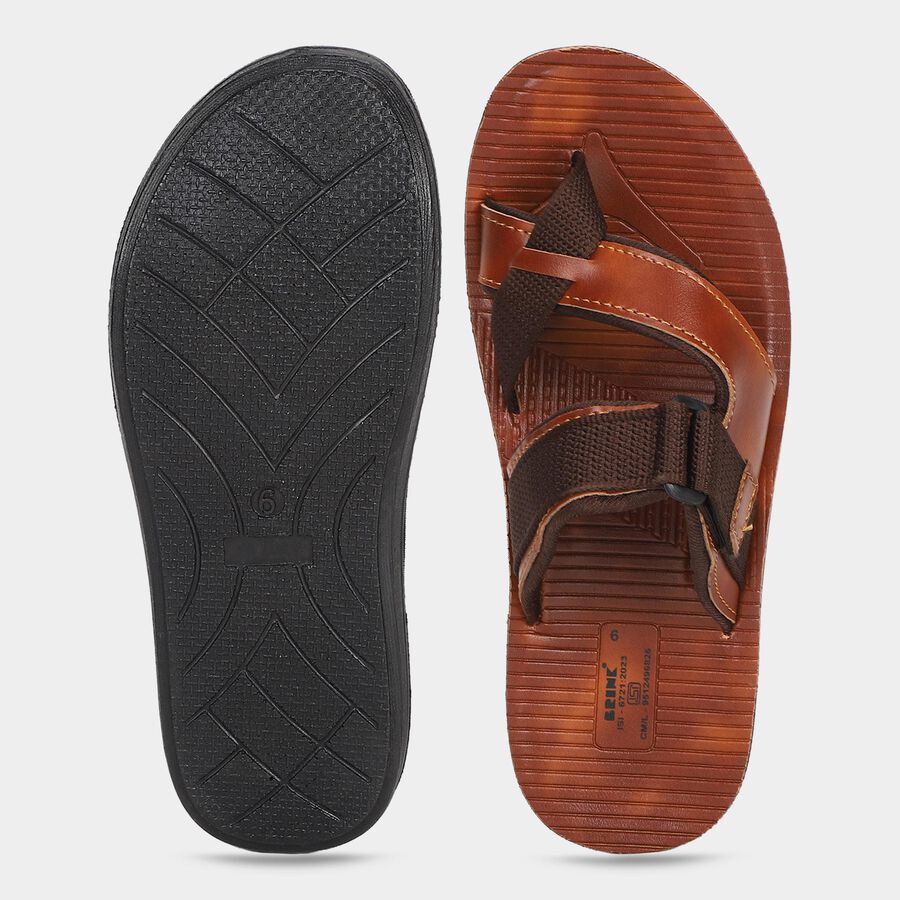 Men's Brown PU Thong Slip-On Sandals, भूरा, large