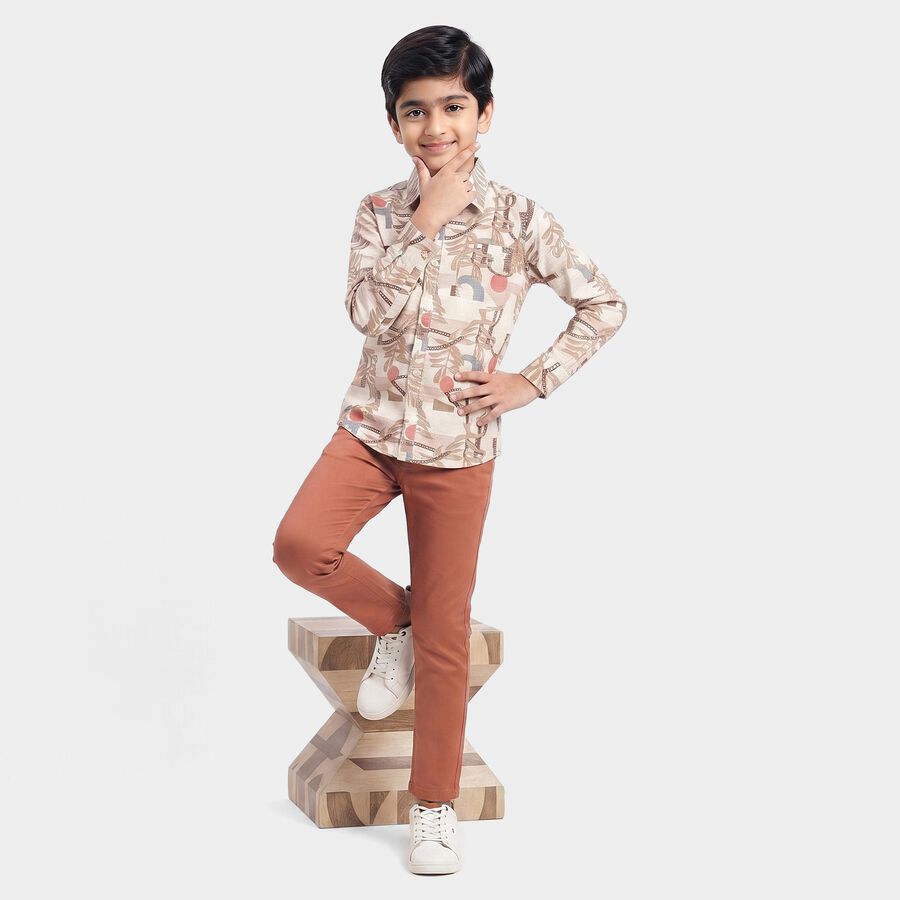 Boys Brown Cotton Long Sleeve Collared Casual Shirt, Brown, large