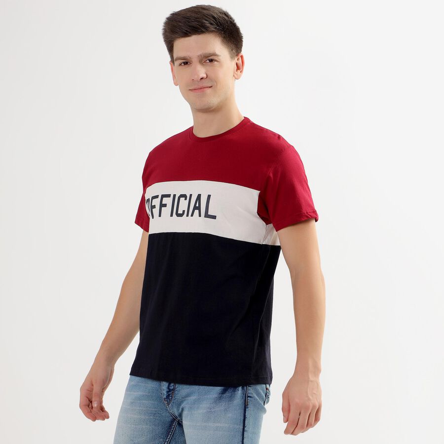 Men's Deep Burgundy Cotton Round Neck Colorblock T-Shirt, Maroon, large image number null