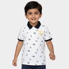 Boys' White Cotton Polo Neck Printed T-Shirt, White, small