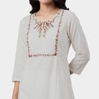 Women's White Cotton Notch Neck Floral Printed Kurta, सफ़ेद, small
