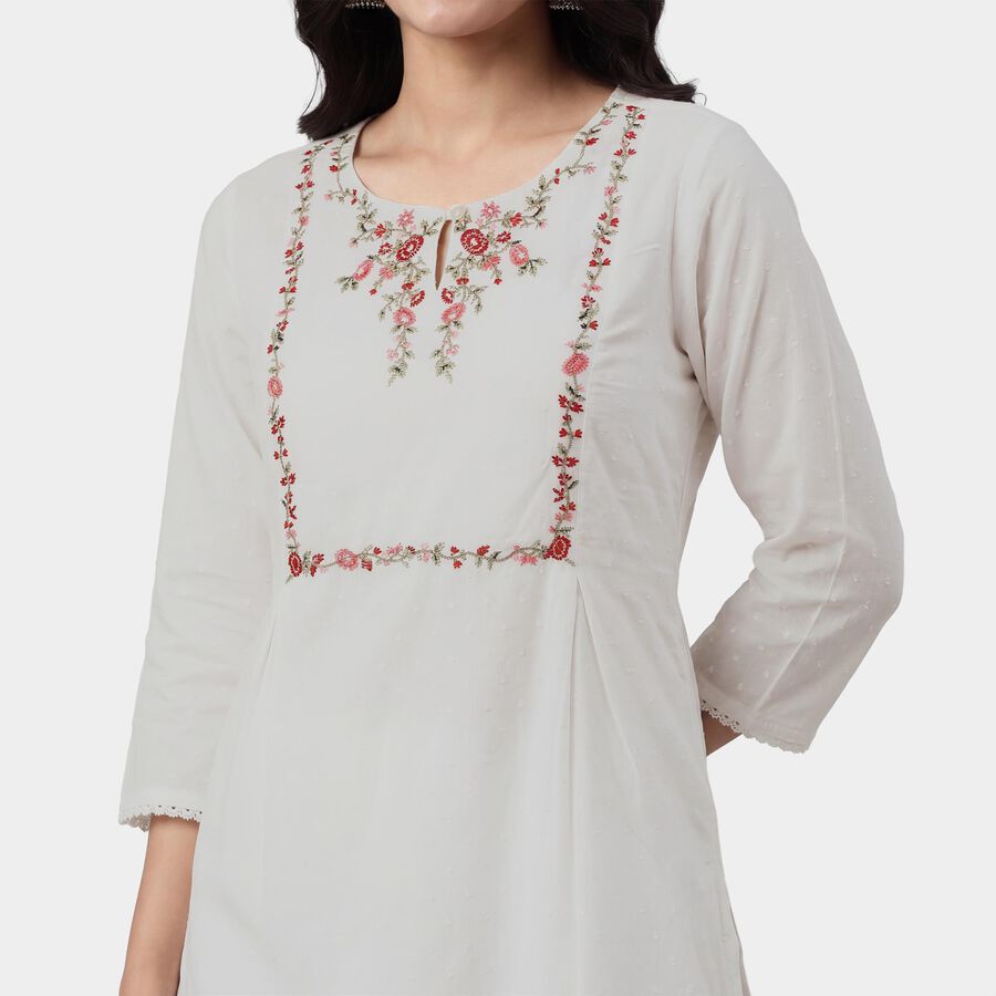 Women's White Cotton Notch Neck Floral Printed Kurta, सफ़ेद, large