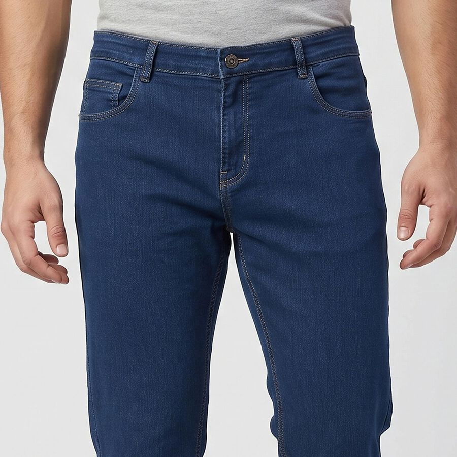 Men's Navy Blue Straight Fit Classic Five Pocket Jeans, Mid Blue, large