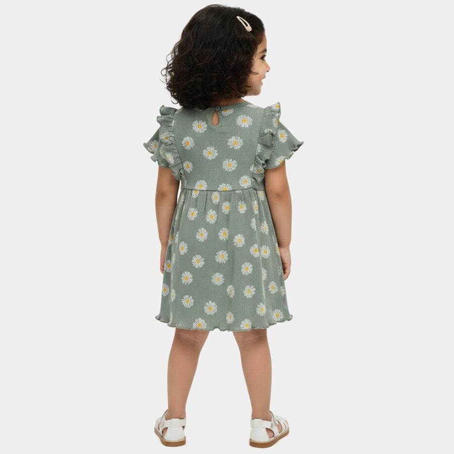 Infant Girls' Green Flared Daisy Print Ruffle Sleeve Frock, Light Green, large