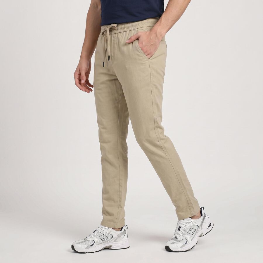 Men's Beige Slim Fit Drawstring Casual Trousers, Beige, large