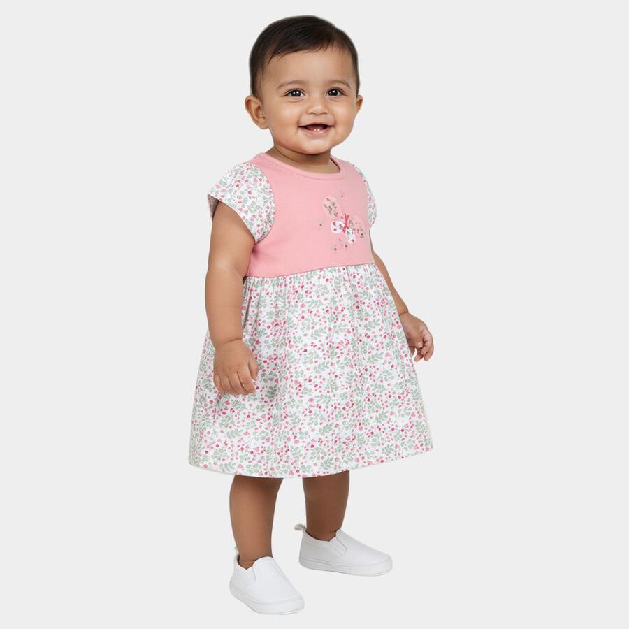Infants' Pink and White Floral Cotton Frock with Butterfly Print, Pink, large