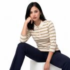 Women's Beige Polo Neck Striped Regular Top, Beige, small