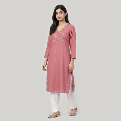 Women's Purple V-Neck Embroidered Kurta