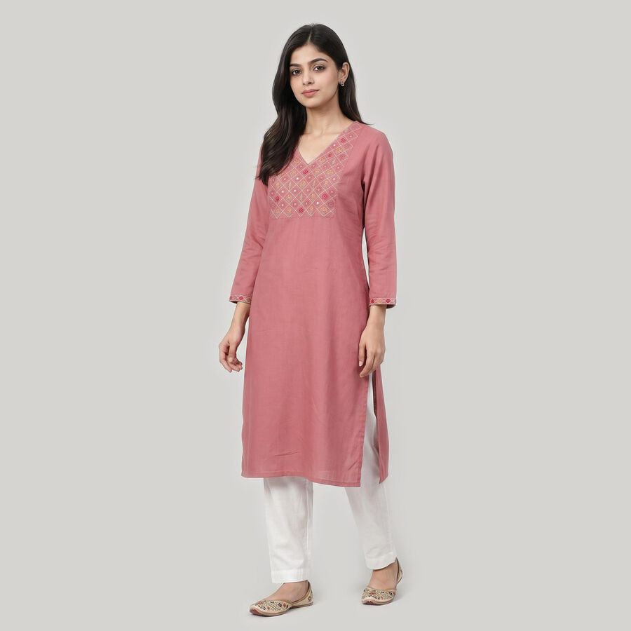 Women's Purple V-Neck Embroidered Kurta, बैंगनी, large