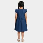 Girls' Blue Regular Fit Floral Printed Ribbon Bow Frock, Mid Blue, small