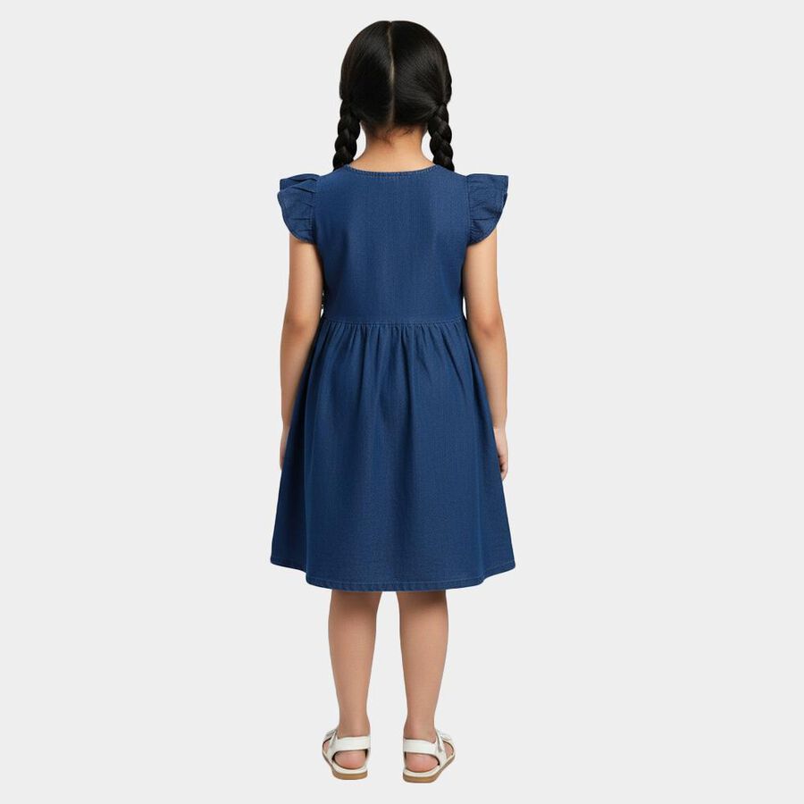Girls' Blue Regular Fit Floral Printed Ribbon Bow Frock, Mid Blue, large