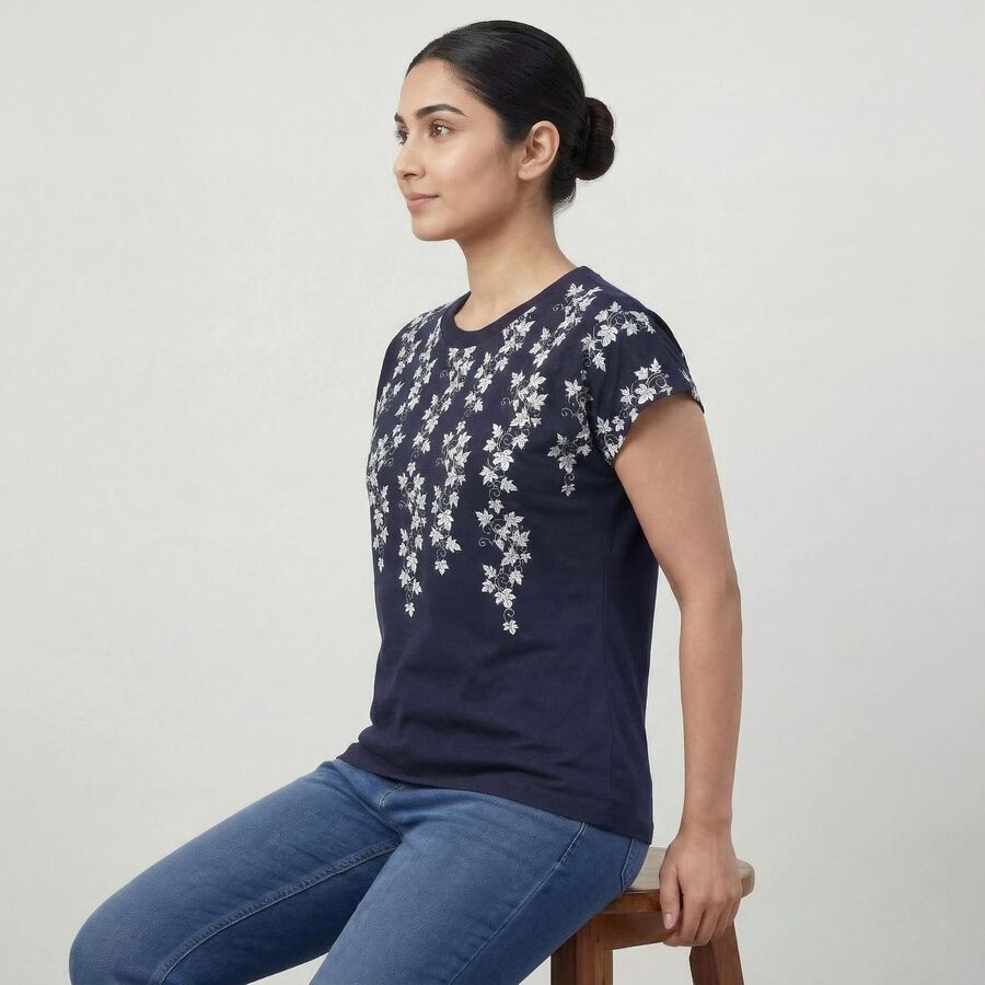 Women's Navy Blue Round Neck Casual T-Shirt, Navy Blue, large