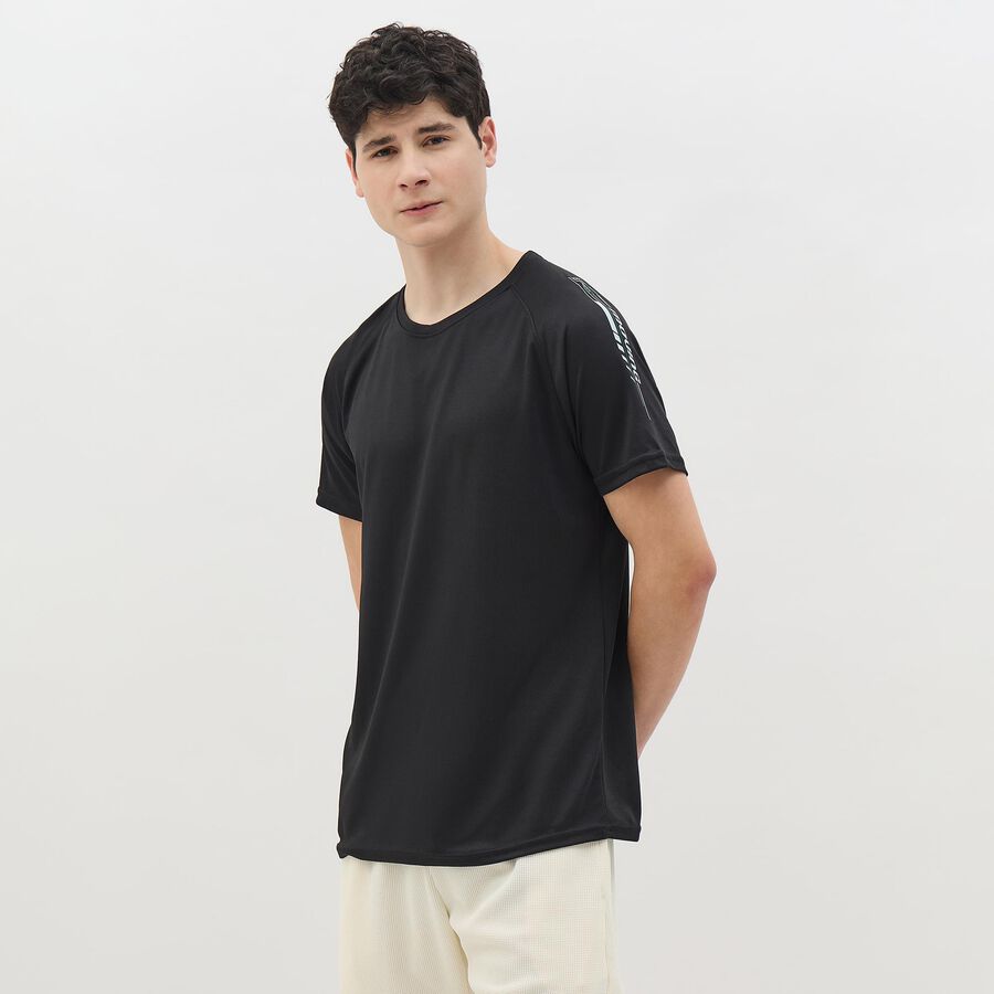 Men's Jet Black Round Neck Casual T-Shirt, Black, large