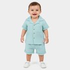 Infants' Aqua Cotton Collared Textured Baba Suit, एक्वा, small