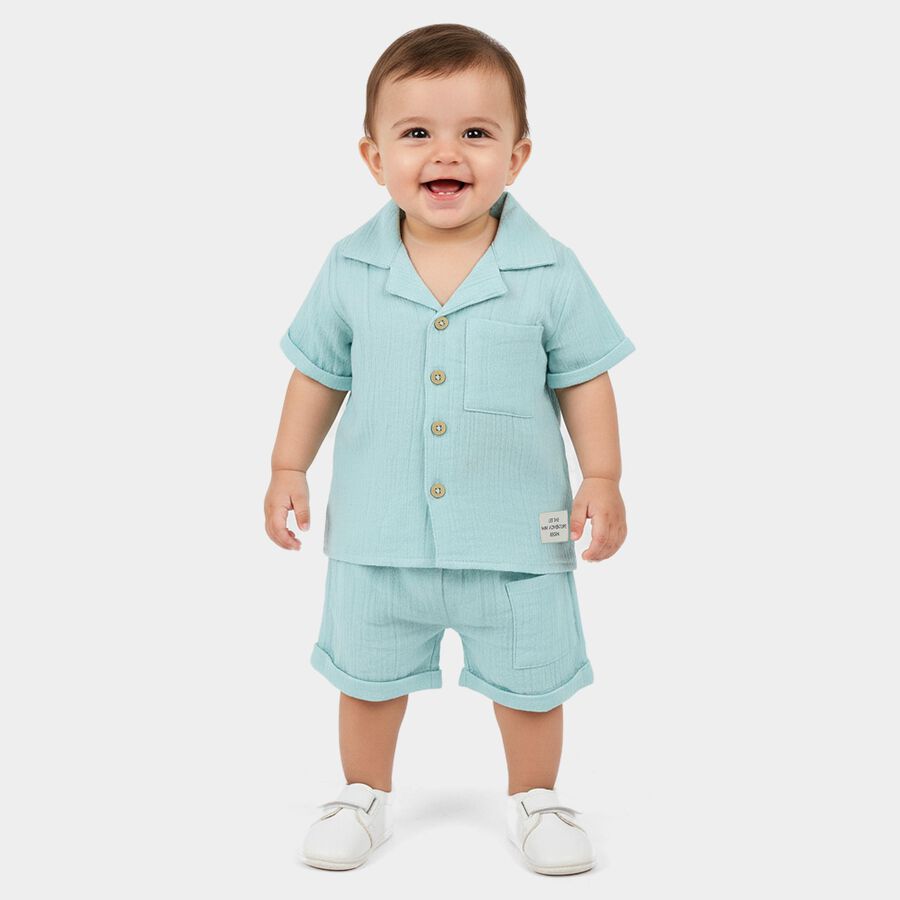 Infants' Aqua Cotton Collared Textured Baba Suit, एक्वा, large