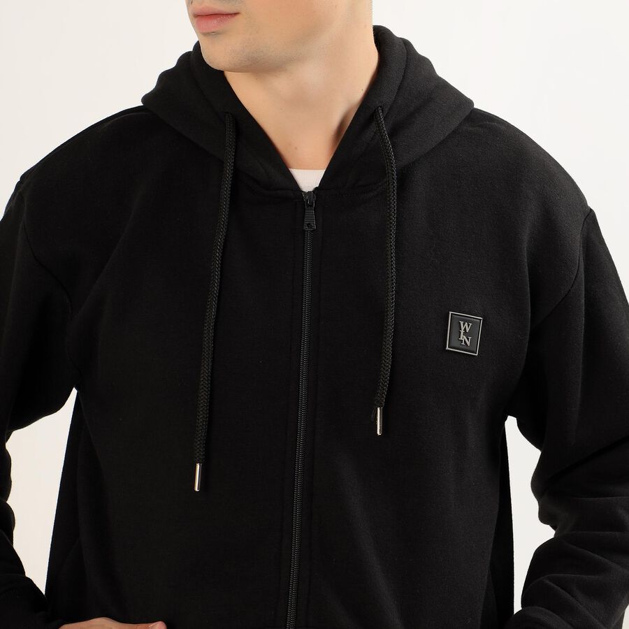 Men's Jet Black Hooded Casual Sweatshirt, Black, large image number null