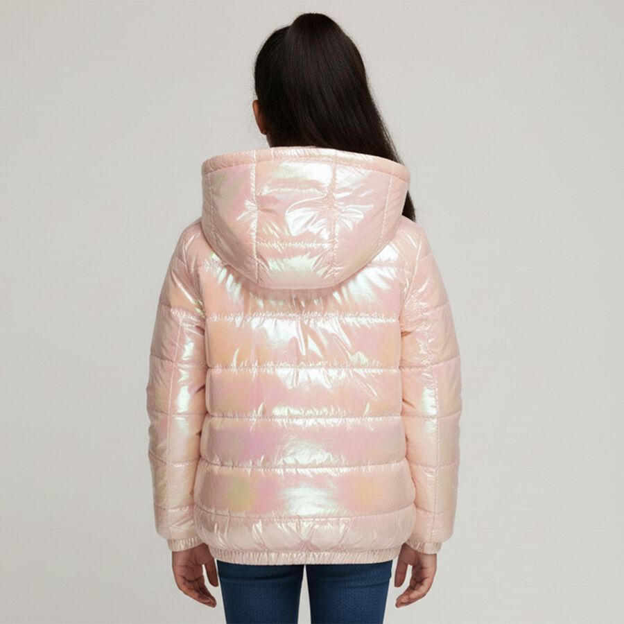 Girls' Light Iridescent Pink Hooded Casual Jacket, Light Pink, large image number null