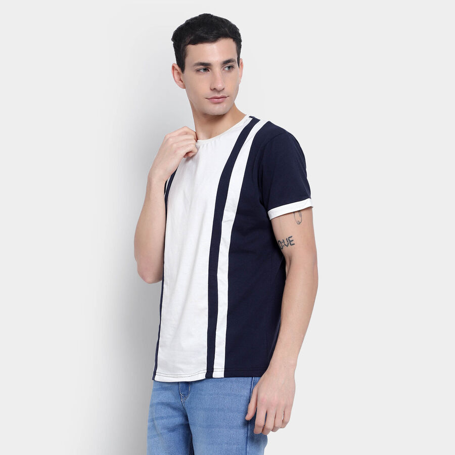 Cut & Sew Round Neck T-Shirt, Dark Blue, large image number null