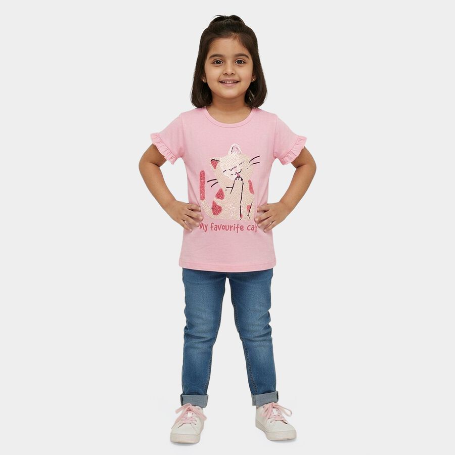 Girls' Pink Cotton Round Neck Ruffle Sleeve Sequined T-Shirt, Light Pink, large