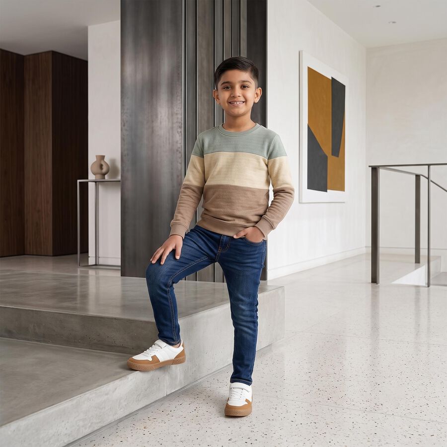 Boys Beige Crew Neck Colorblocked T-Shirt, गहरा पीला, large
