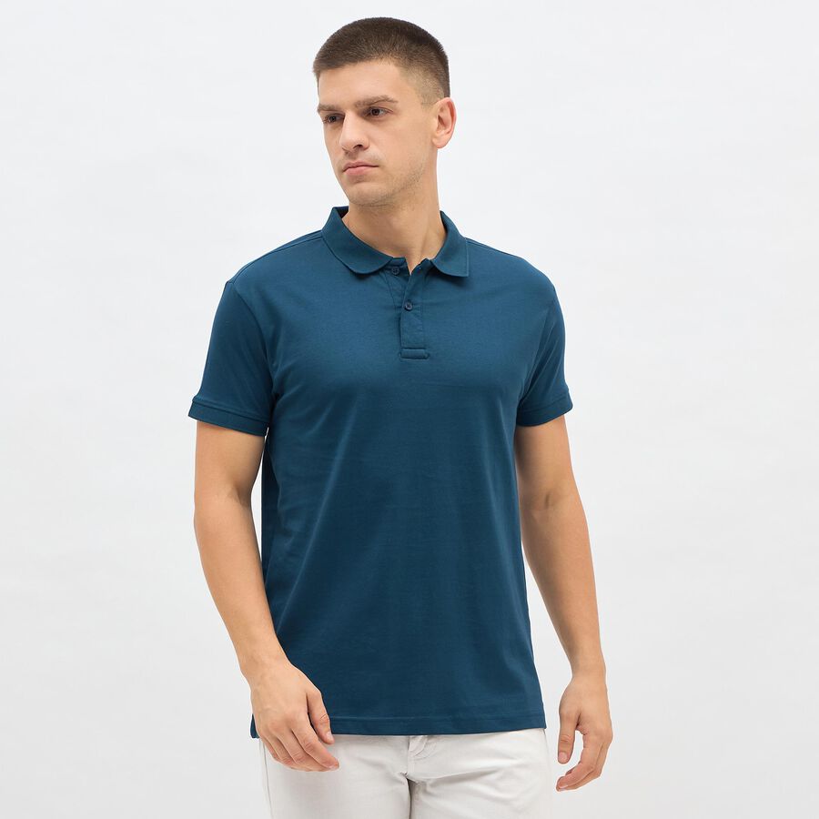 Men's Teal Blue Cotton Polo Neck Classic T-Shirt, Teal Blue, large