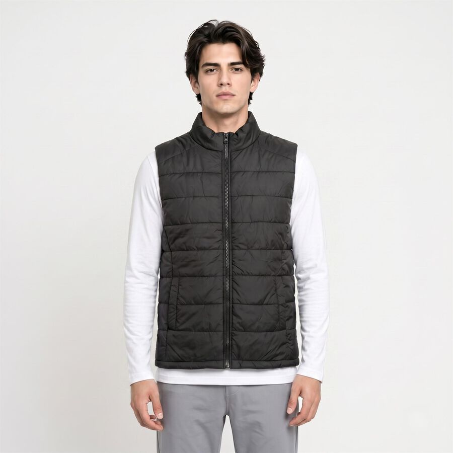 Men's Black Stand Collar Puffer Jacket, Black, large