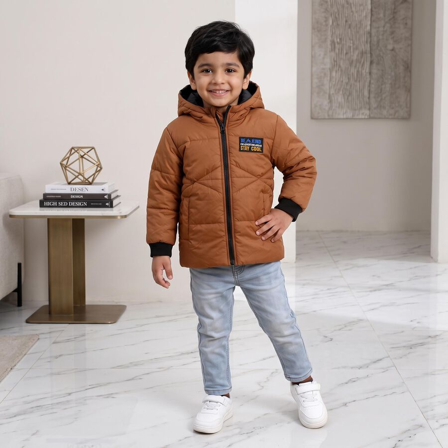 Boys Brown Hooded Puffer Jacket, Brown, large