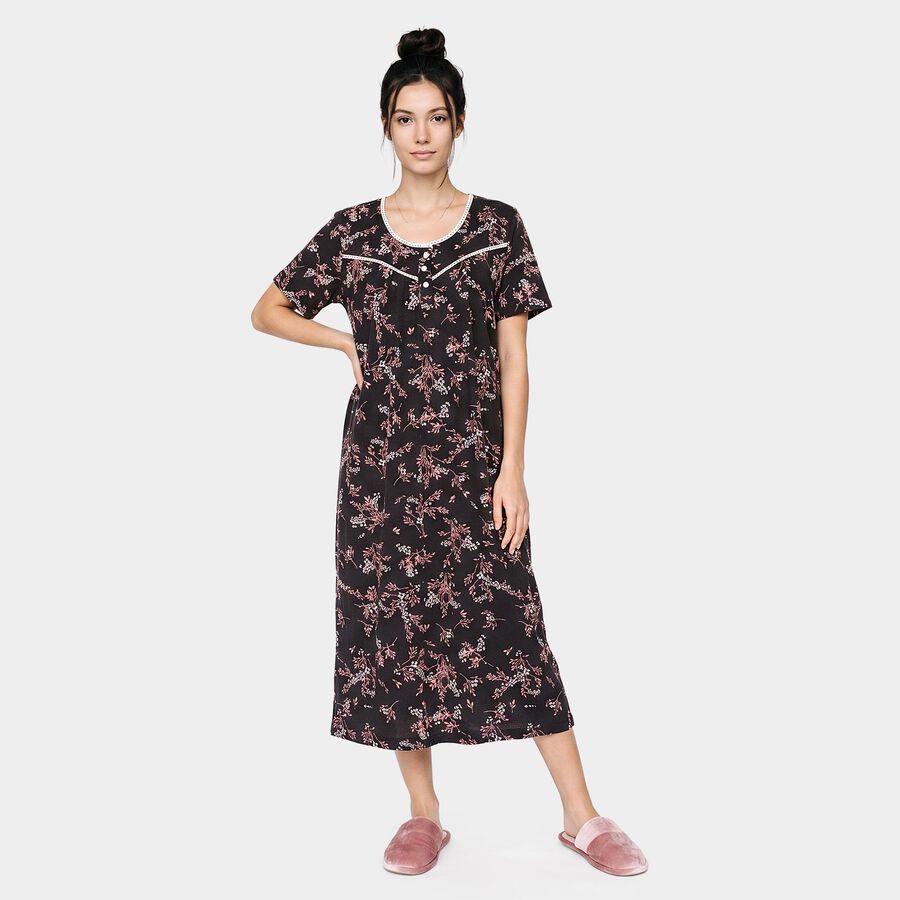 Women's Dark Grey Round Neck A-Line Nighty, गहरा ग्रे, large