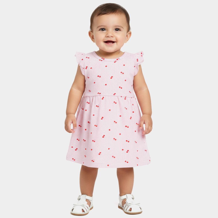 Infants' Pink and White Regular Fit Cherry Printed Striped Frock, Pink, large