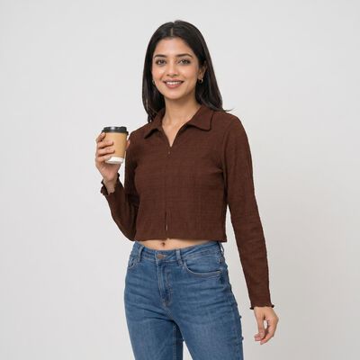 Women's Brown Collared Neck Crop Top