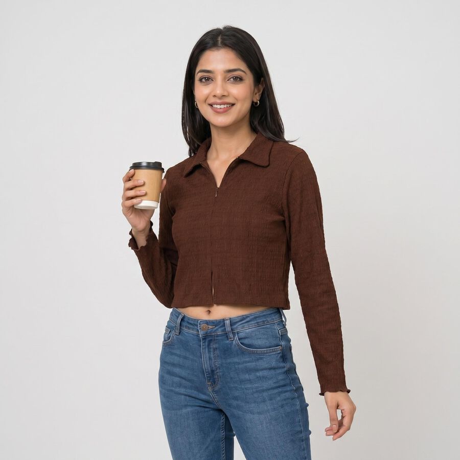 Women's Brown Collared Neck Crop Top, भूरा, large