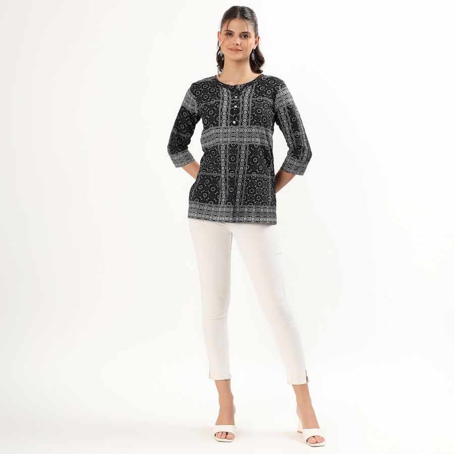 Women's Jet Black Round Neck Printed Kurti, Black, large image number null