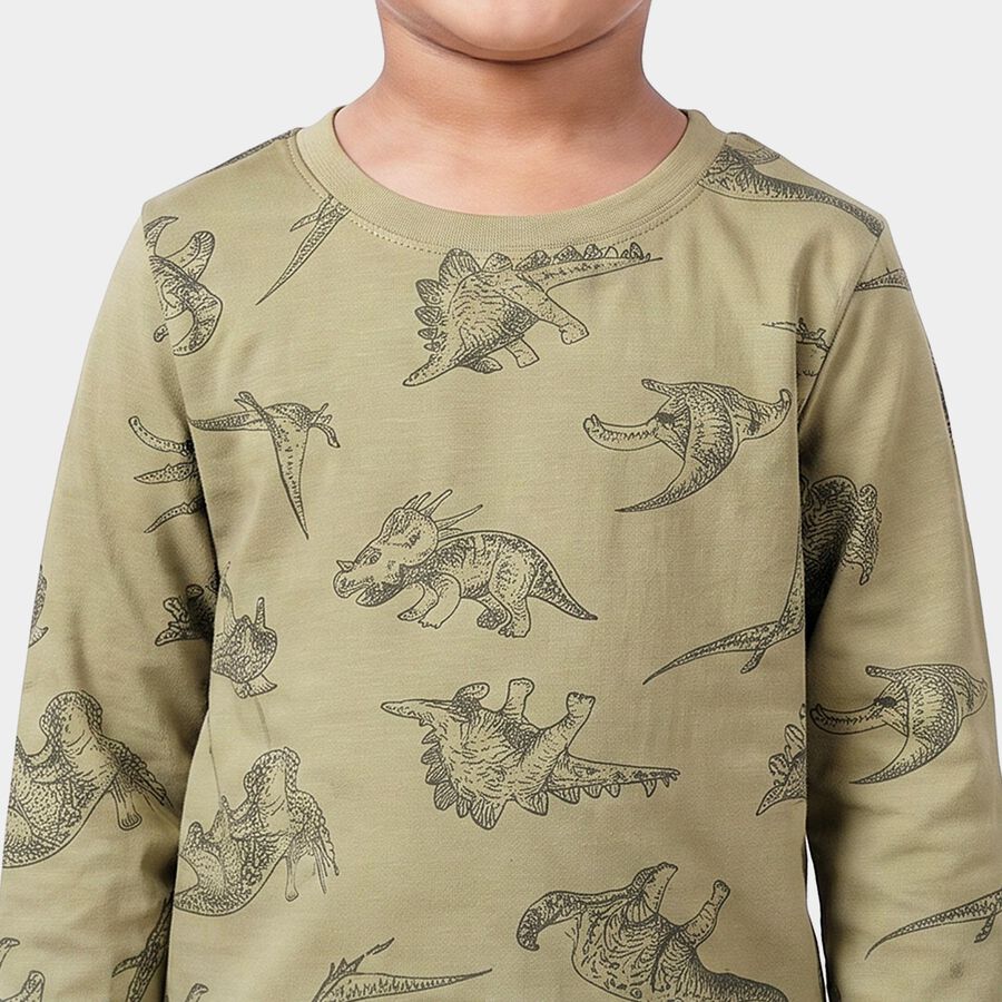 Boys Olive Green Cotton Round Neck Dinosaur Printed Baba Suit, Olive, large