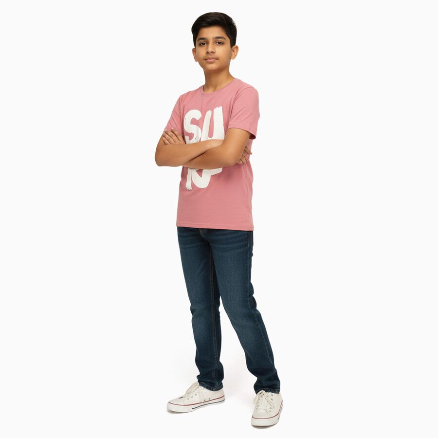 Boys Muted Dusty Pink Crew Neck Casual Half Sleeve T-Shirt, गुलाबी, large image number null