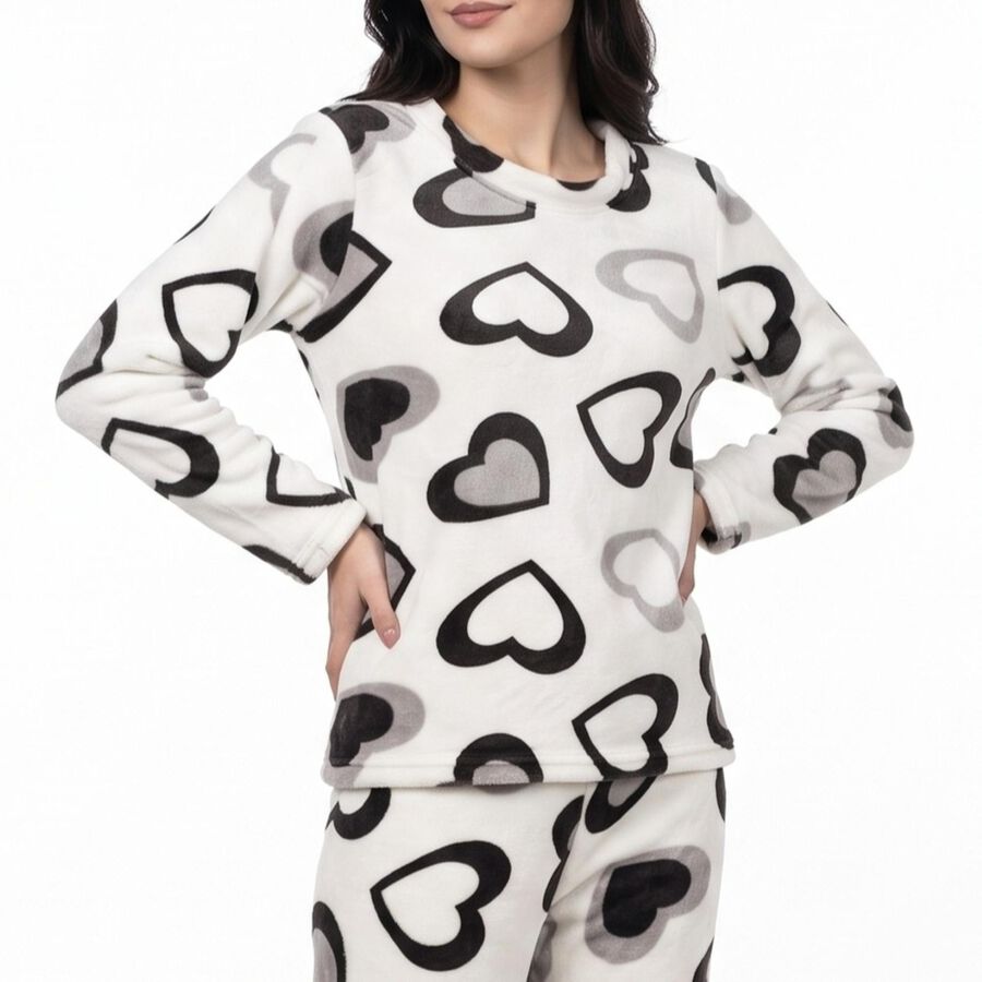 Women's White Heart Printed Relaxed Fit Pyjama Set , सफ़ेद, large