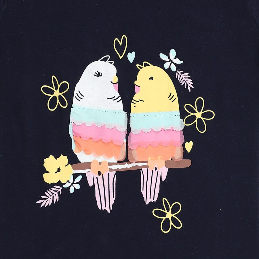 Girls' Navy Blue Cotton Round Neck Ruffle Sleeve Graphic T-Shirt, Navy Blue, large image number null