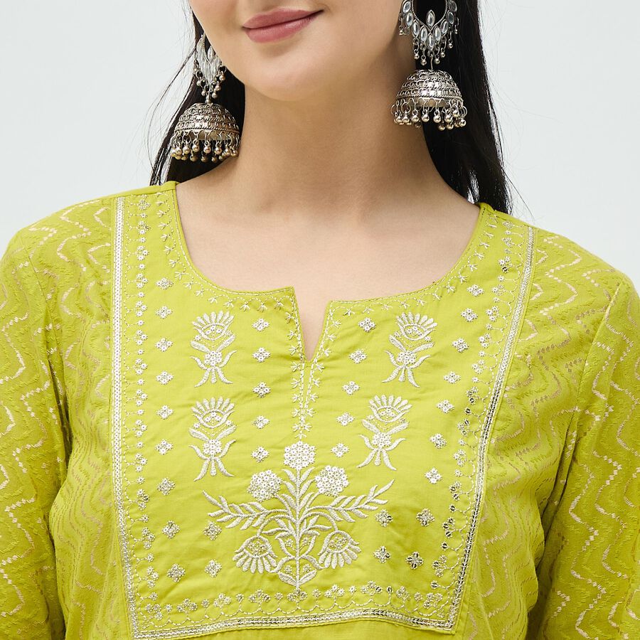 Women's Bright Lime Green Cotton Notch Neck Embroidered Kurta, हल्का हरा, large