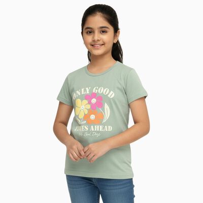 Girls Light Sage Green Round Neck Casual T-Shirt