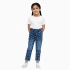 Girls' Muted Mid Blue Regular Fit Floral Printed Jeans, हल्का नीला, small