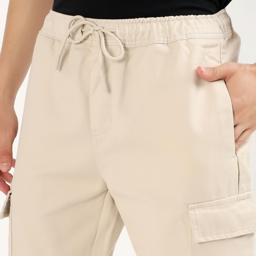 Men's Light Beige Slim Fit Cargo Trousers, Ecru Melange, large