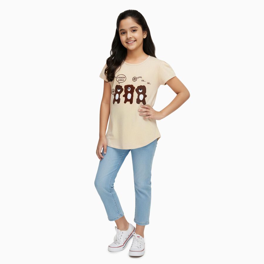 Girls Light Beige Cotton Round Neck Cartoon Printed T-Shirt, Beige, large