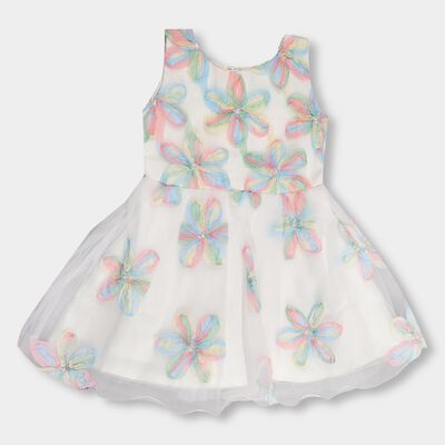 Girls' White Sleeveless Flared Embellished Frock