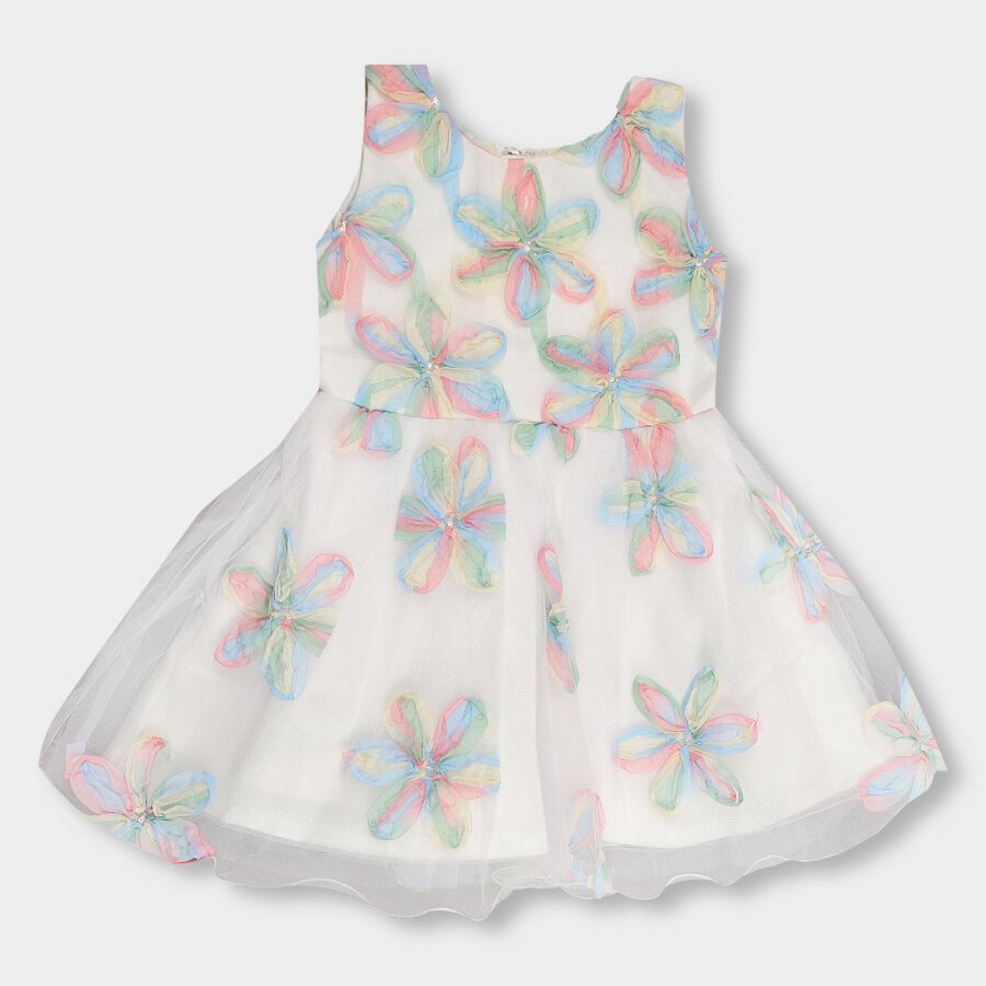 Girls' White Sleeveless Flared Embellished Frock, Off White, large image number null