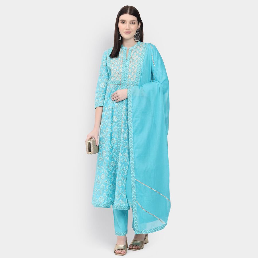 Ladies' 100% Cotton Kurta Pyjama Set with Dupatta, हल्का नीला, large image number null