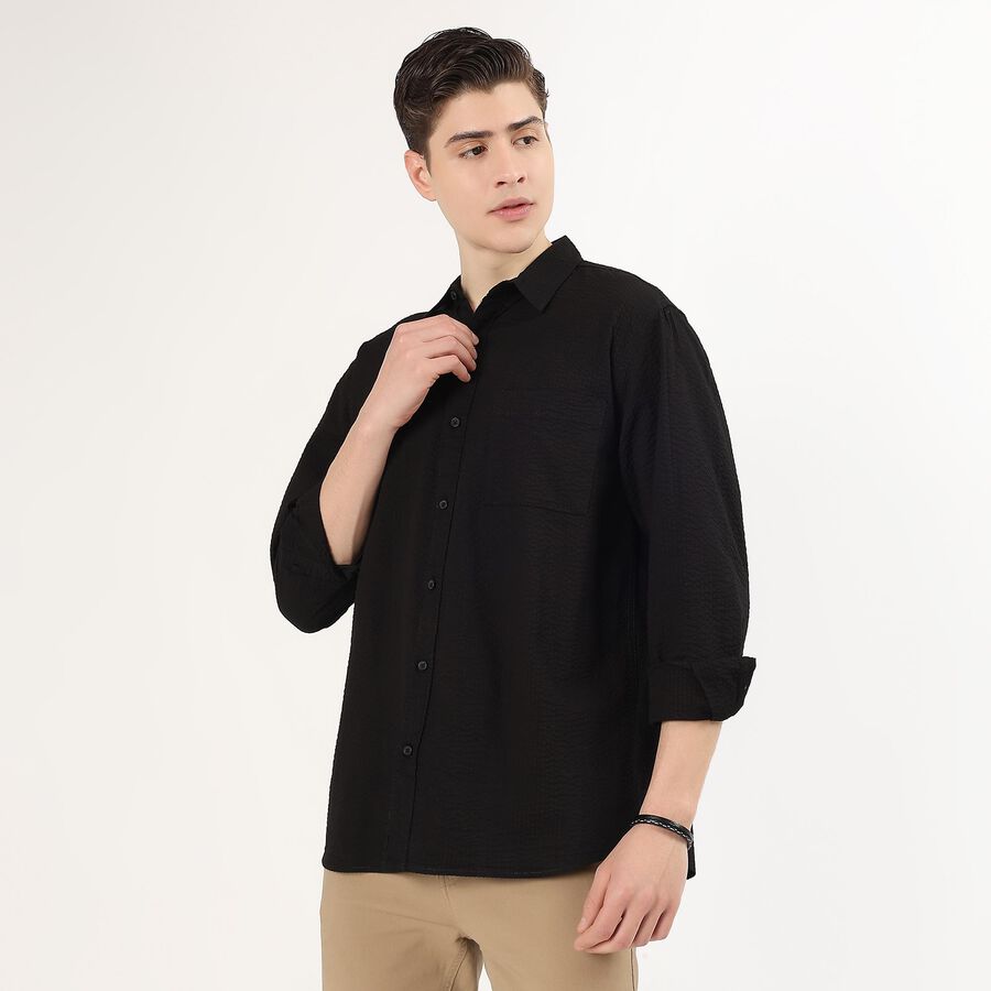 Men's Jet Black Cotton Classic Collar Casual Shirt, काला, large