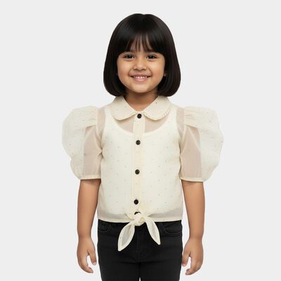Girls Cream Collared Neck Casual T-Shirt
