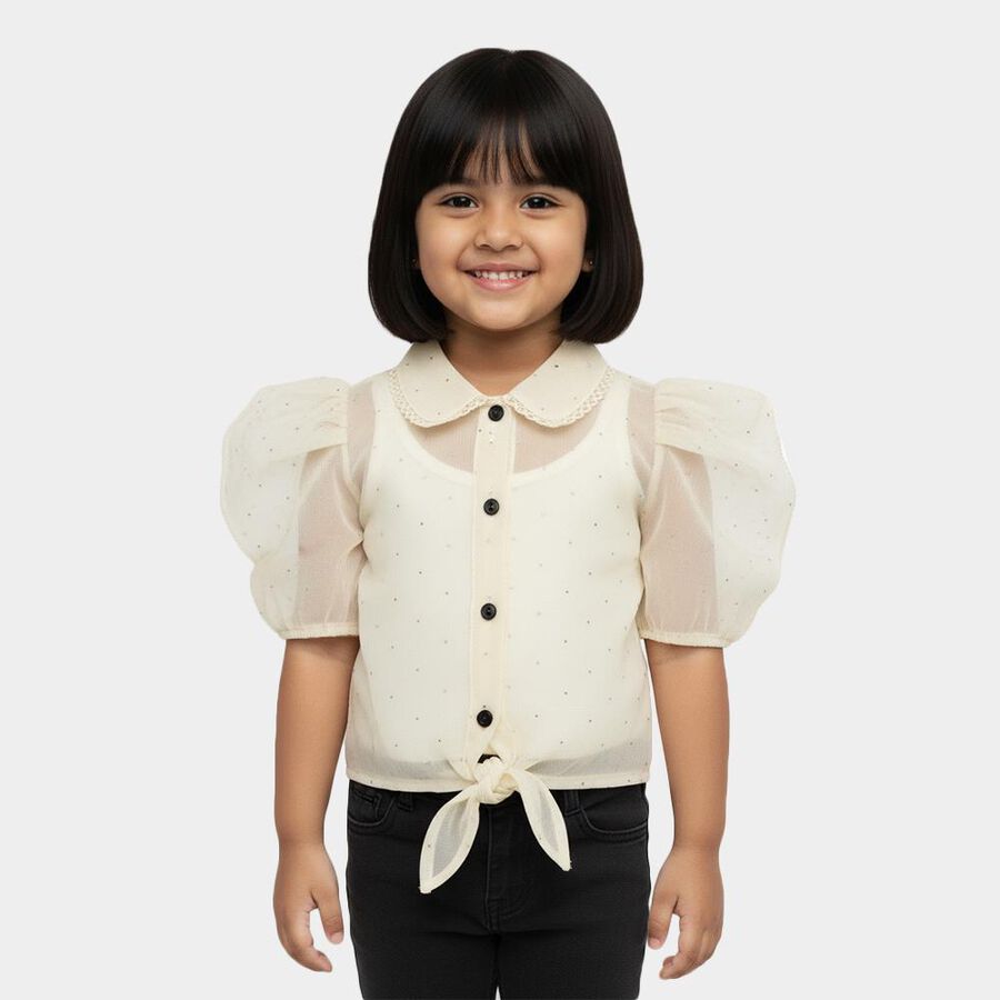 Girls Cream Collared Neck Casual T-Shirt, ऑफ व्हाइट, large